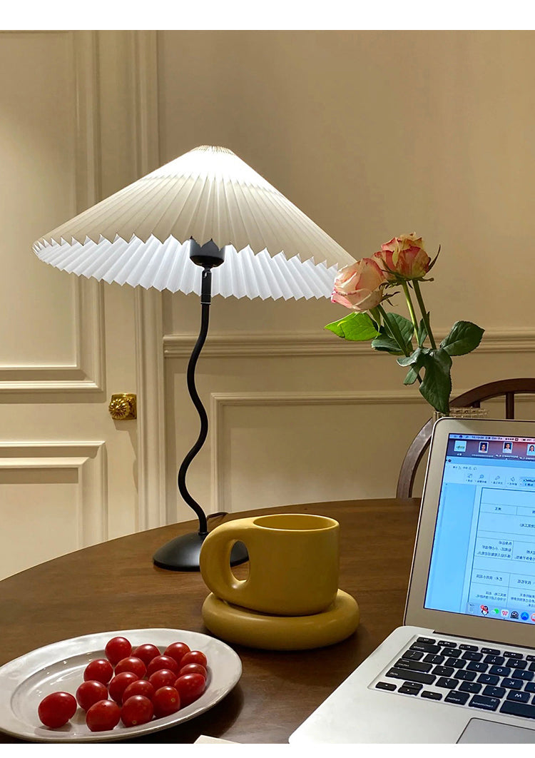 Modern Pleated Fabric Table Lamp with Nordic Wavy Metal Stem for Bedroom Living Room