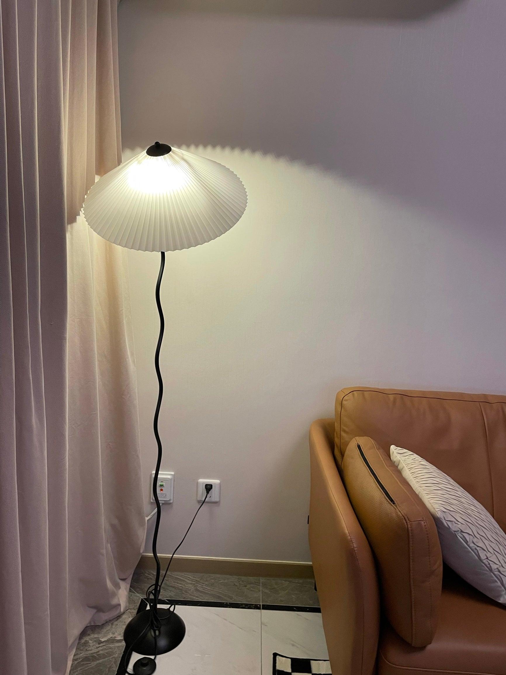 Modern Wavy Squiggle Tall Floor Lamp with Pleated Fabric Shade and Metal Base