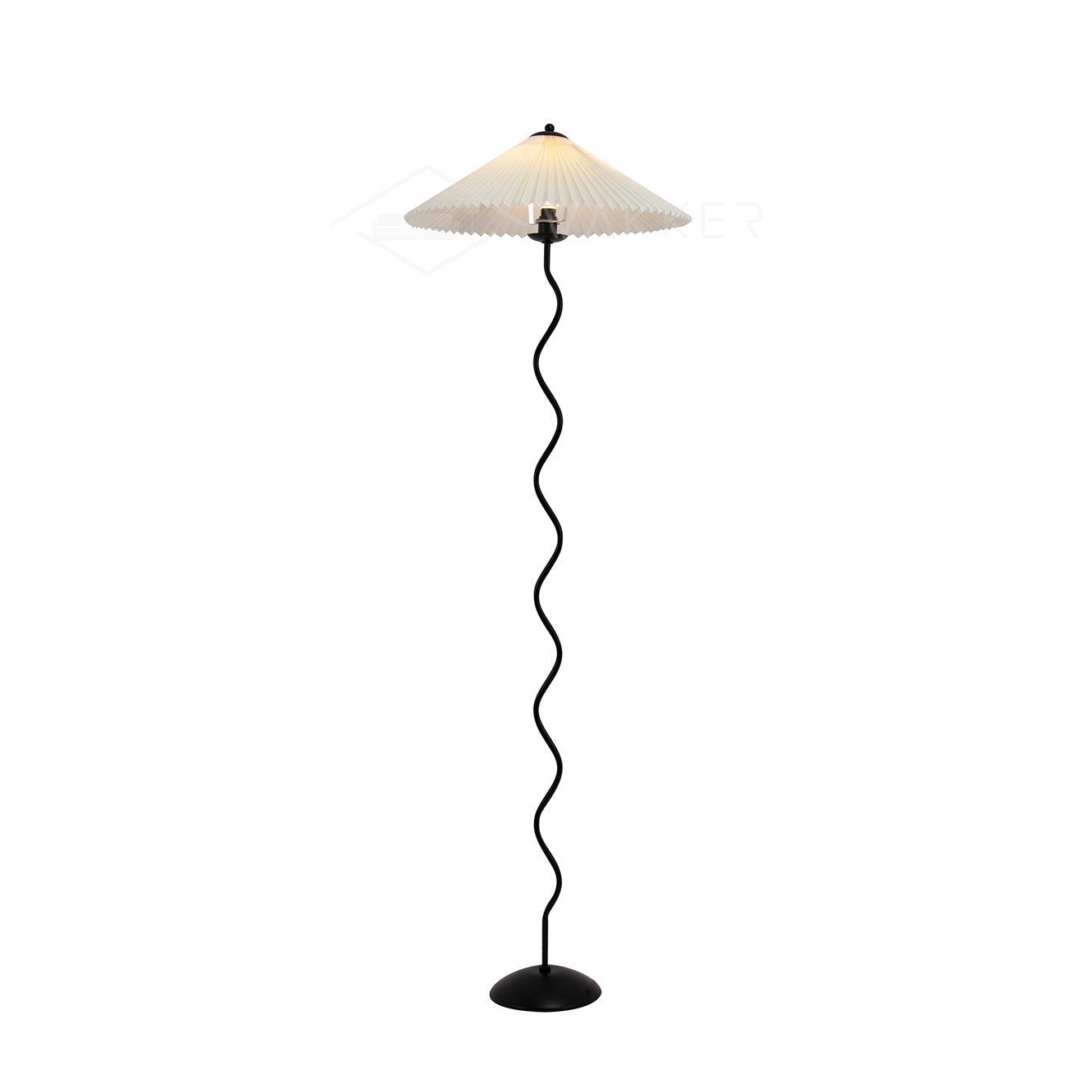 Modern Wavy Squiggle Tall Floor Lamp with Pleated Fabric Shade and Metal Base