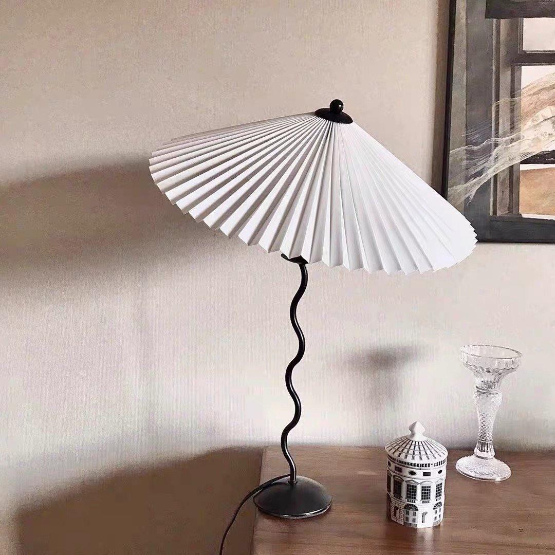 Modern Pleated Fabric Table Lamp with Nordic Wavy Metal Stem for Bedroom Living Room