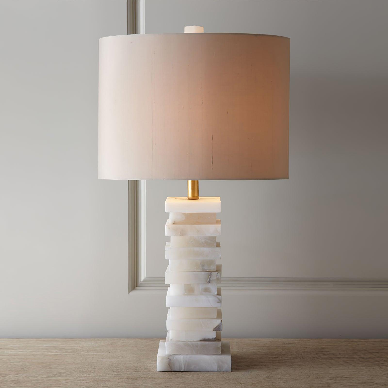 Modern Stacked Alabaster Stone Table Lamp with Rectangular Fabric Shade