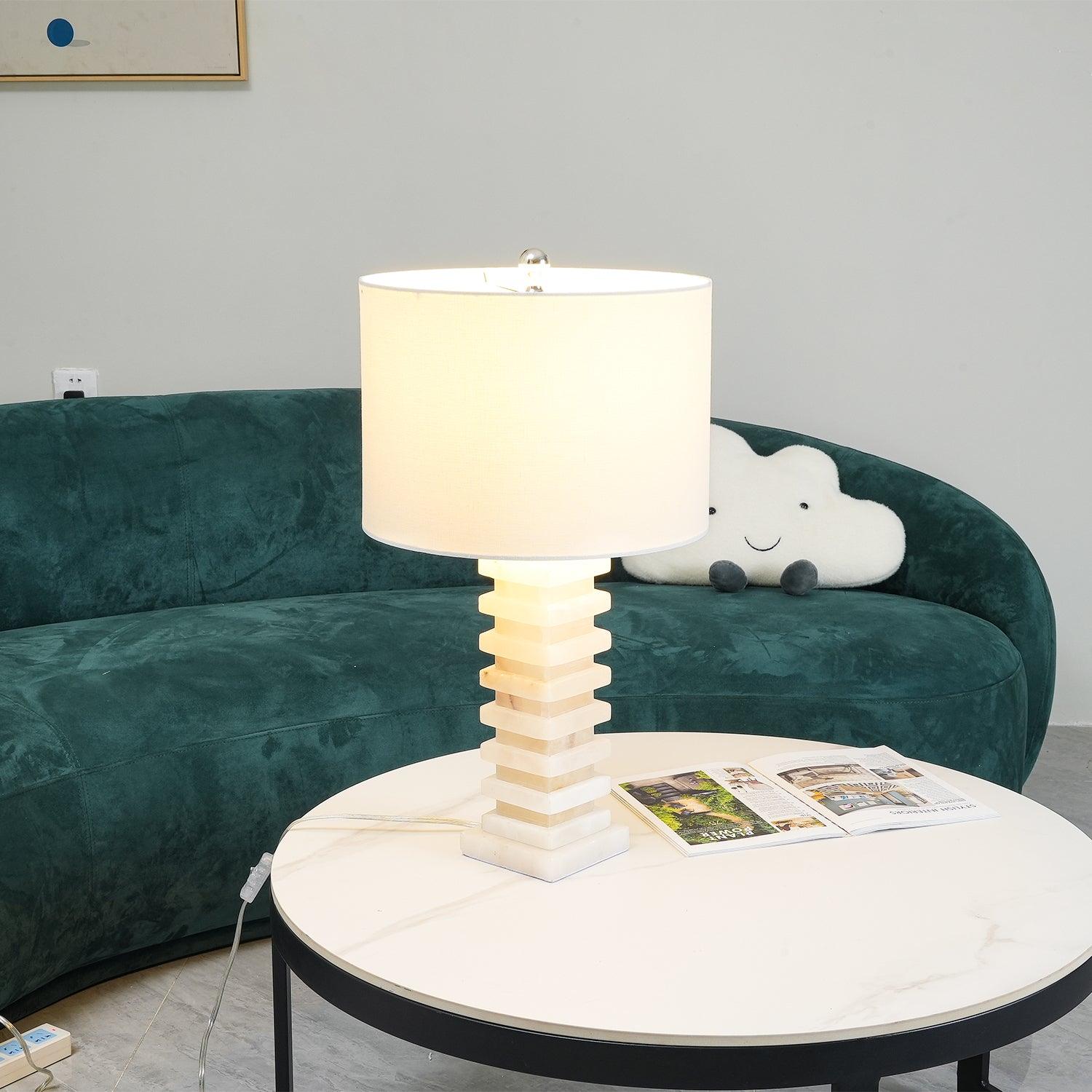 Modern Stacked Alabaster Stone Table Lamp with Rectangular Fabric Shade
