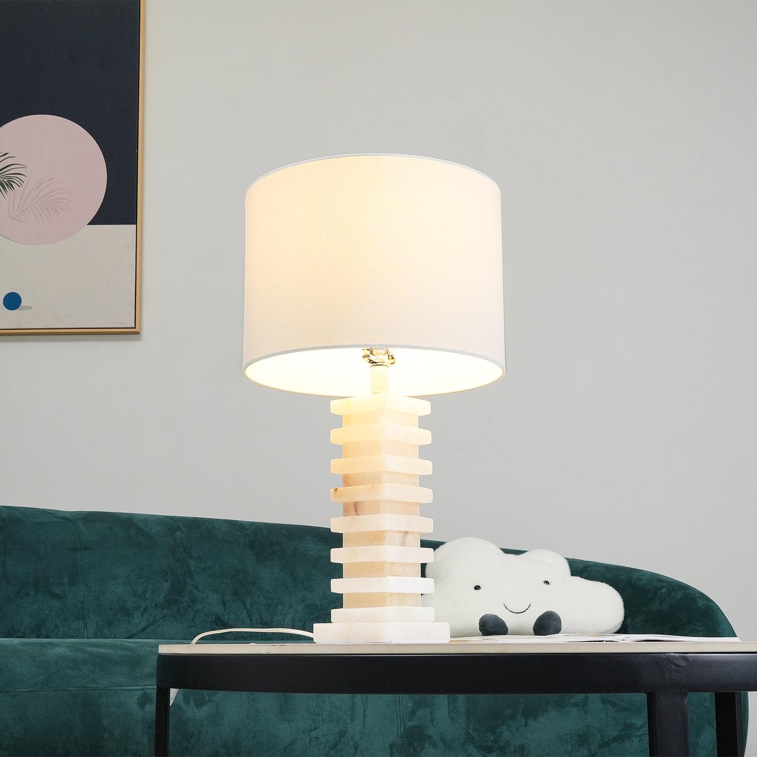Modern Stacked Alabaster Stone Table Lamp with Rectangular Fabric Shade