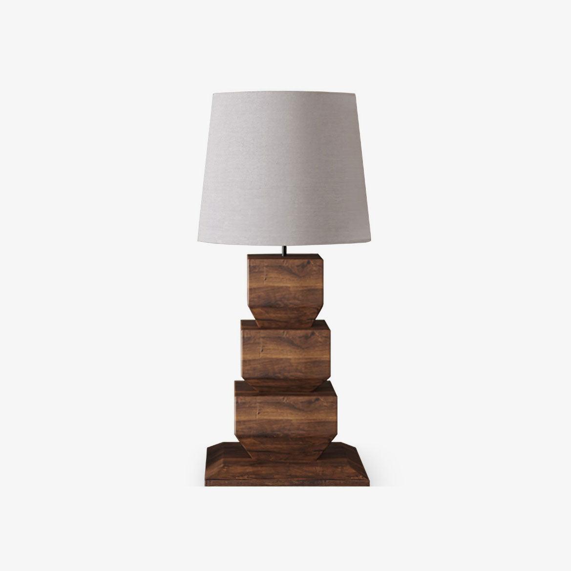 Modern Stacked Wooden Geometric Table Lamp with White Fabric Shade for Bedroom and Office