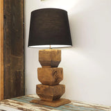 Modern Stacked Wooden Geometric Table Lamp with White Fabric Shade for Bedroom and Office