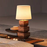 Modern Stacked Wooden Geometric Table Lamp with White Fabric Shade for Bedroom and Office