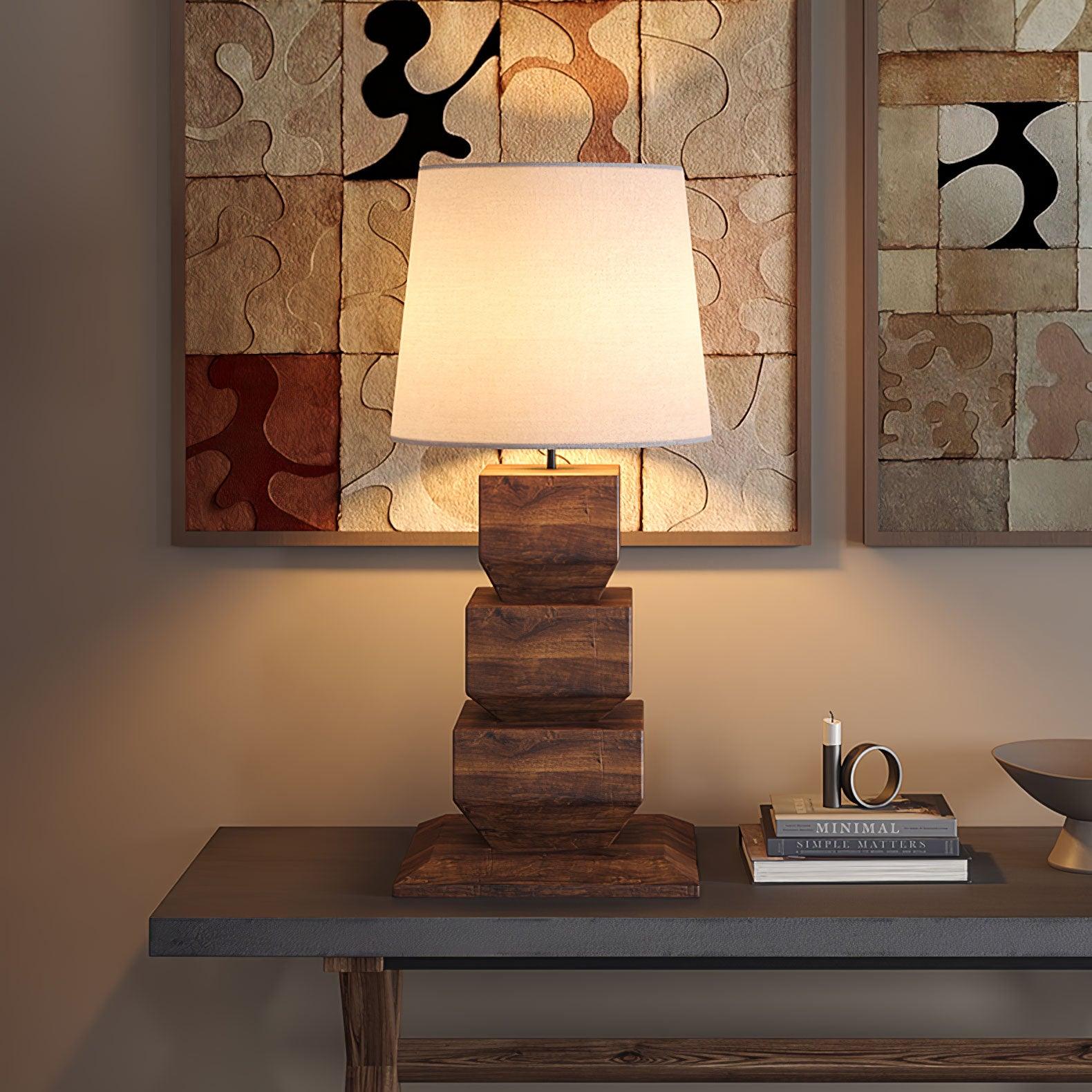 Modern Stacked Wooden Geometric Table Lamp with White Fabric Shade for Bedroom and Office
