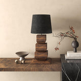 Modern Stacked Wooden Geometric Table Lamp with White Fabric Shade for Bedroom and Office