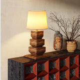 Modern Stacked Wooden Geometric Table Lamp with White Fabric Shade for Bedroom and Office