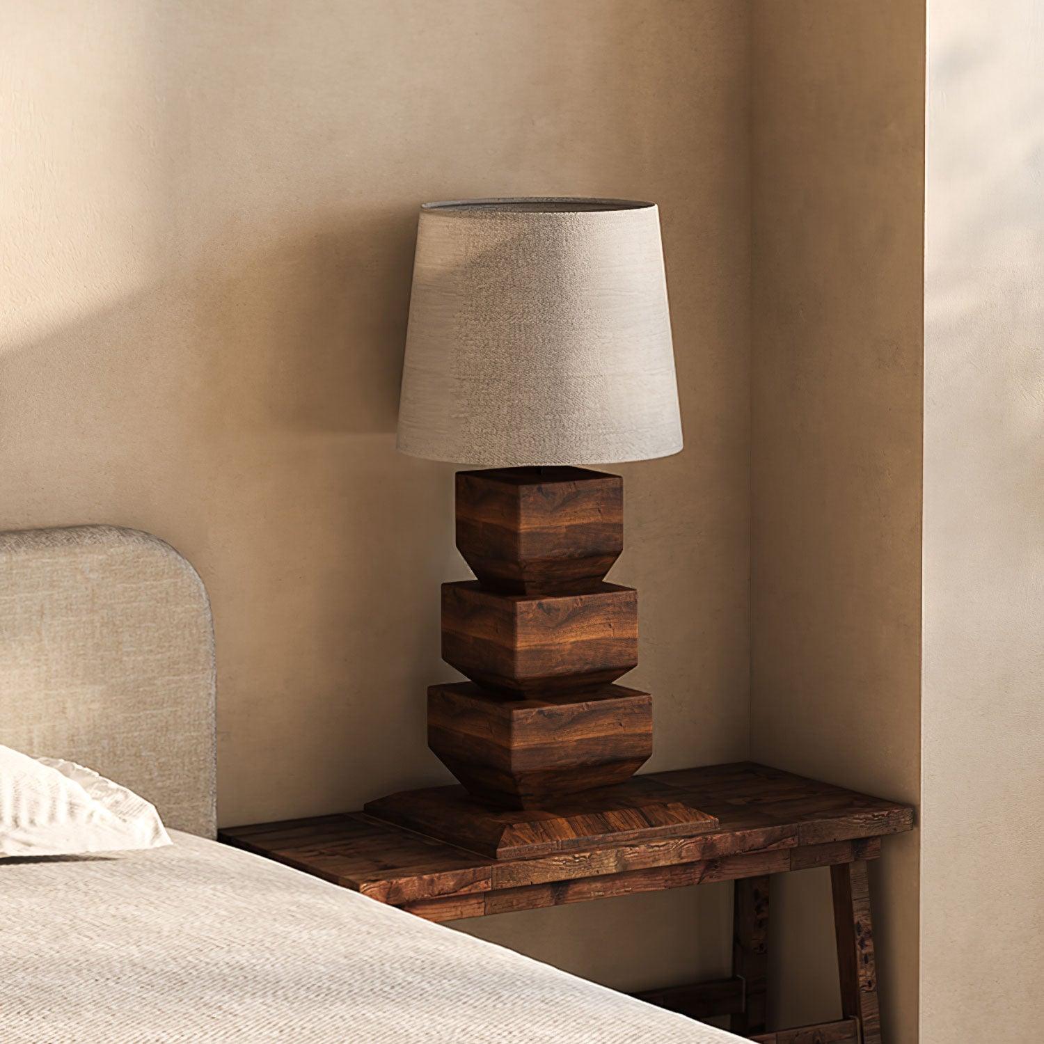 Modern Stacked Wooden Geometric Table Lamp with White Fabric Shade for Bedroom and Office