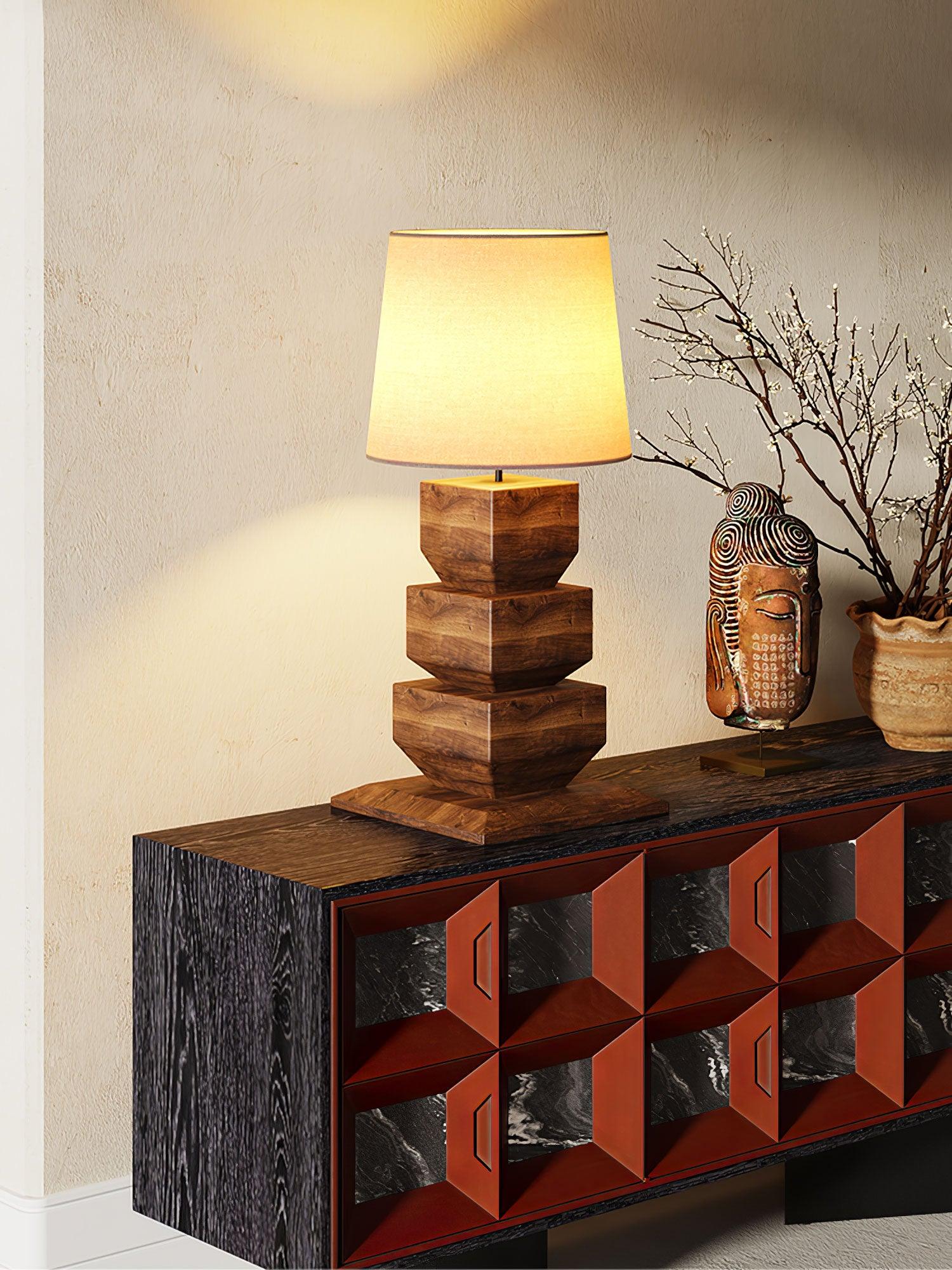 Modern Stacked Wooden Geometric Table Lamp with White Fabric Shade for Bedroom and Office