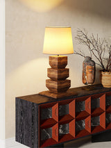 Modern Stacked Wooden Geometric Table Lamp with White Fabric Shade for Bedroom and Office
