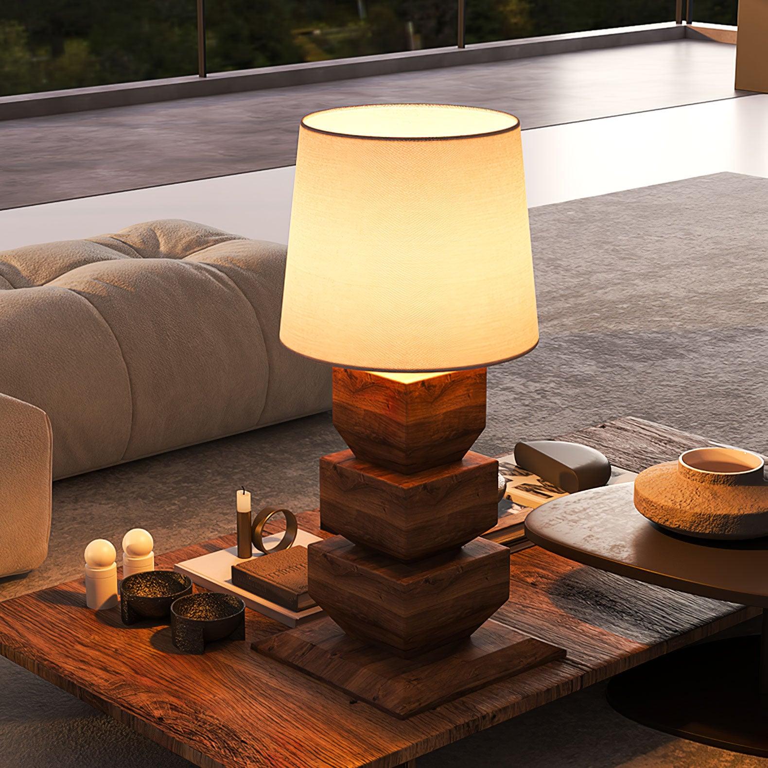 Modern Stacked Wooden Geometric Table Lamp with White Fabric Shade for Bedroom and Office