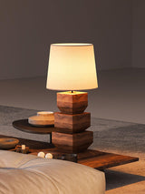Modern Stacked Wooden Geometric Table Lamp with White Fabric Shade for Bedroom and Office