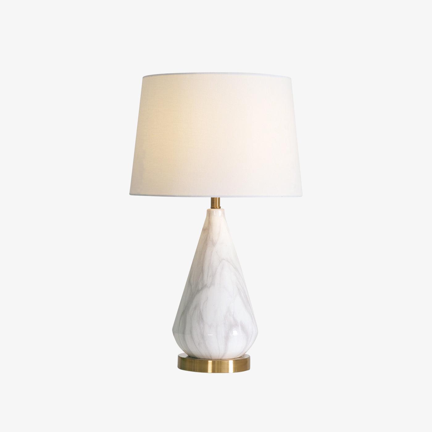White Marble Geometric Diamond Table Lamp with White Fabric Shade and Copper Accents
