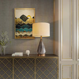 White Marble Geometric Diamond Table Lamp with White Fabric Shade and Copper Accents