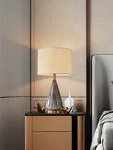 White Marble Geometric Diamond Table Lamp with White Fabric Shade and Copper Accents