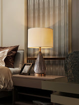 White Marble Geometric Diamond Table Lamp with White Fabric Shade and Copper Accents