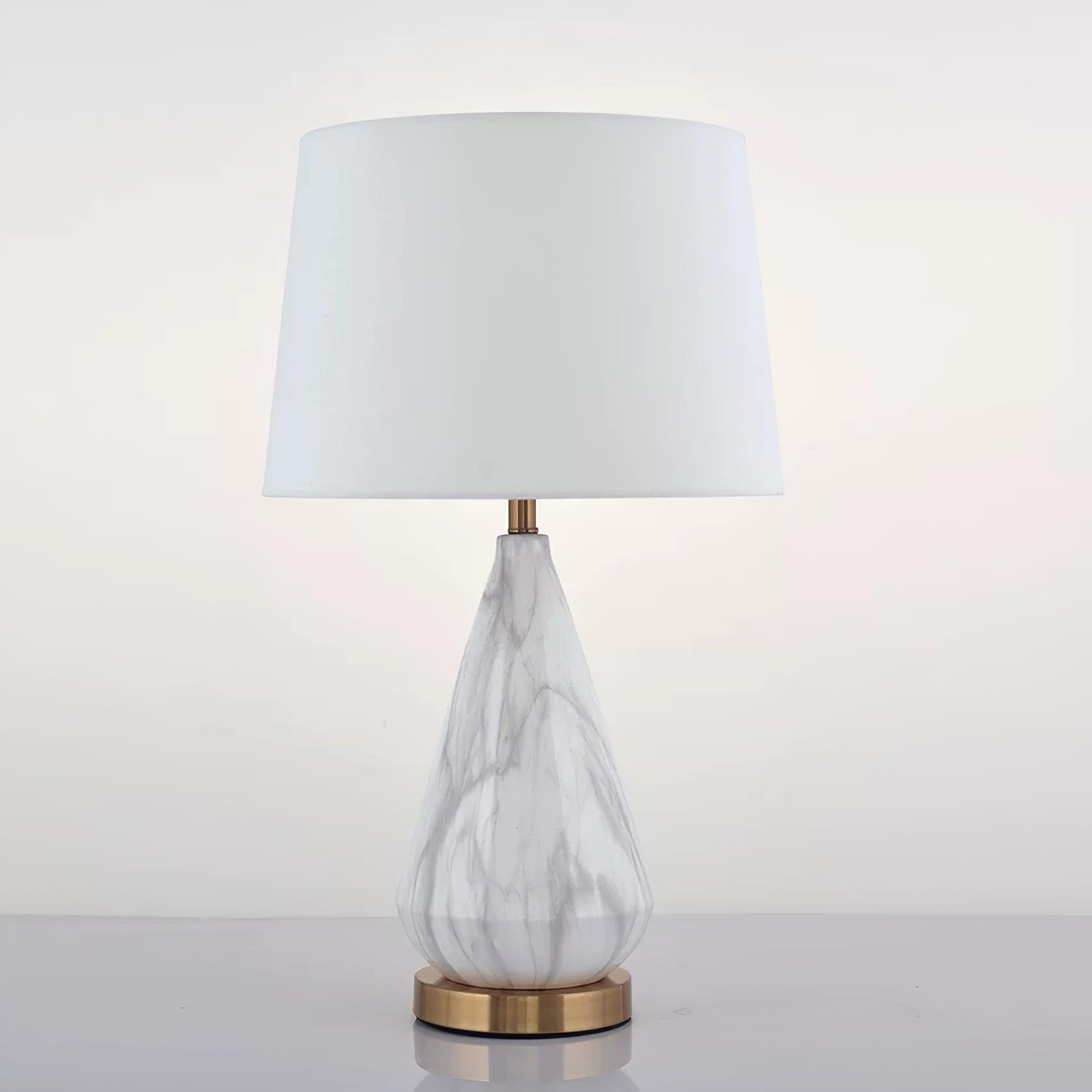 White Marble Geometric Diamond Table Lamp with White Fabric Shade and Copper Accents