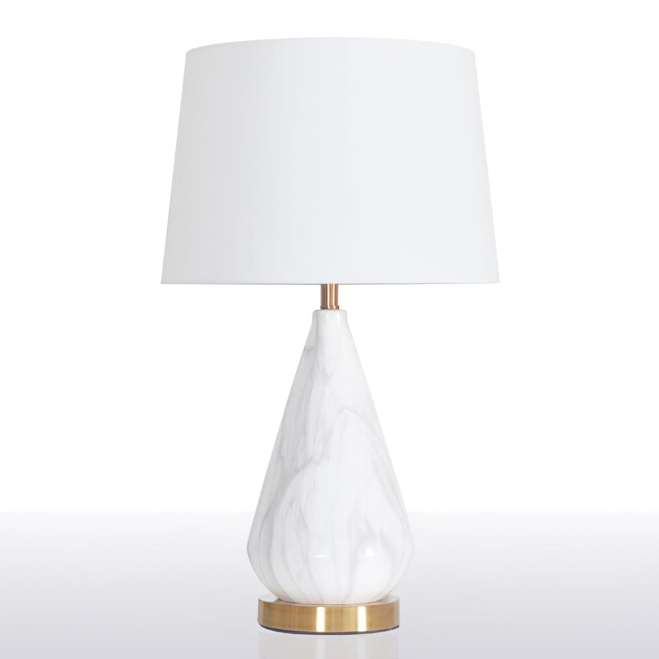 White Marble Geometric Diamond Table Lamp with White Fabric Shade and Copper Accents