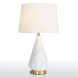 White Marble Geometric Diamond Table Lamp with White Fabric Shade and Copper Accents