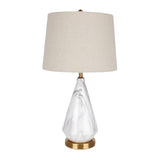 White Marble Geometric Diamond Table Lamp with White Fabric Shade and Copper Accents