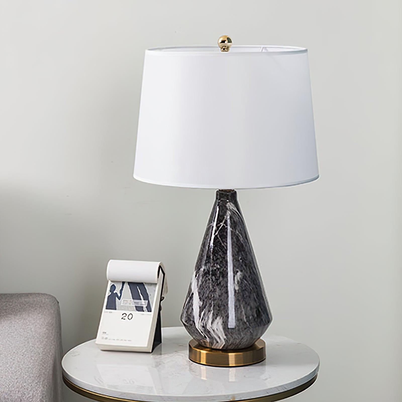 White Marble Geometric Diamond Table Lamp with White Fabric Shade and Copper Accents