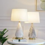 White Marble Geometric Diamond Table Lamp with White Fabric Shade and Copper Accents