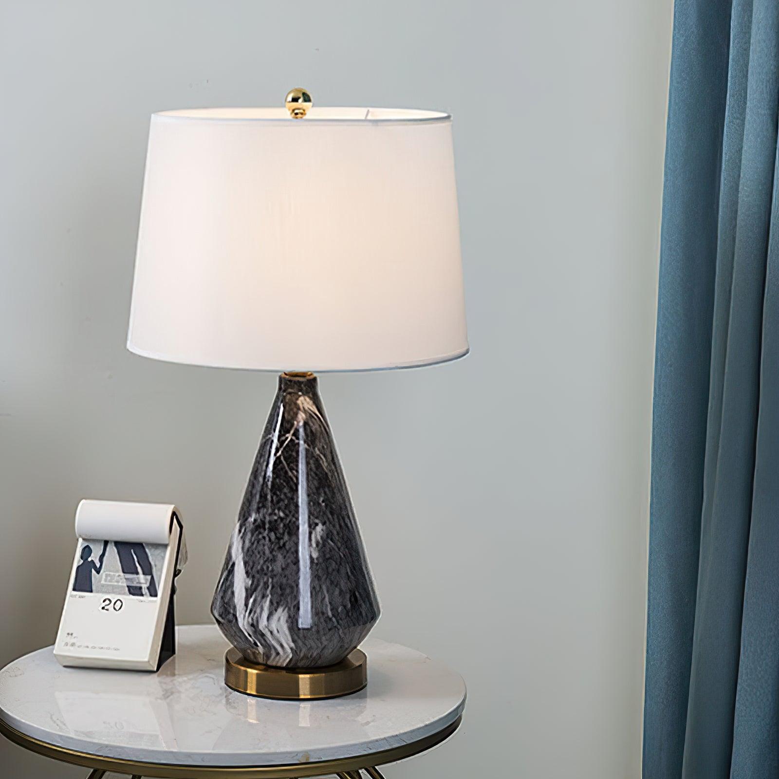 White Marble Geometric Diamond Table Lamp with White Fabric Shade and Copper Accents