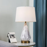 White Marble Geometric Diamond Table Lamp with White Fabric Shade and Copper Accents