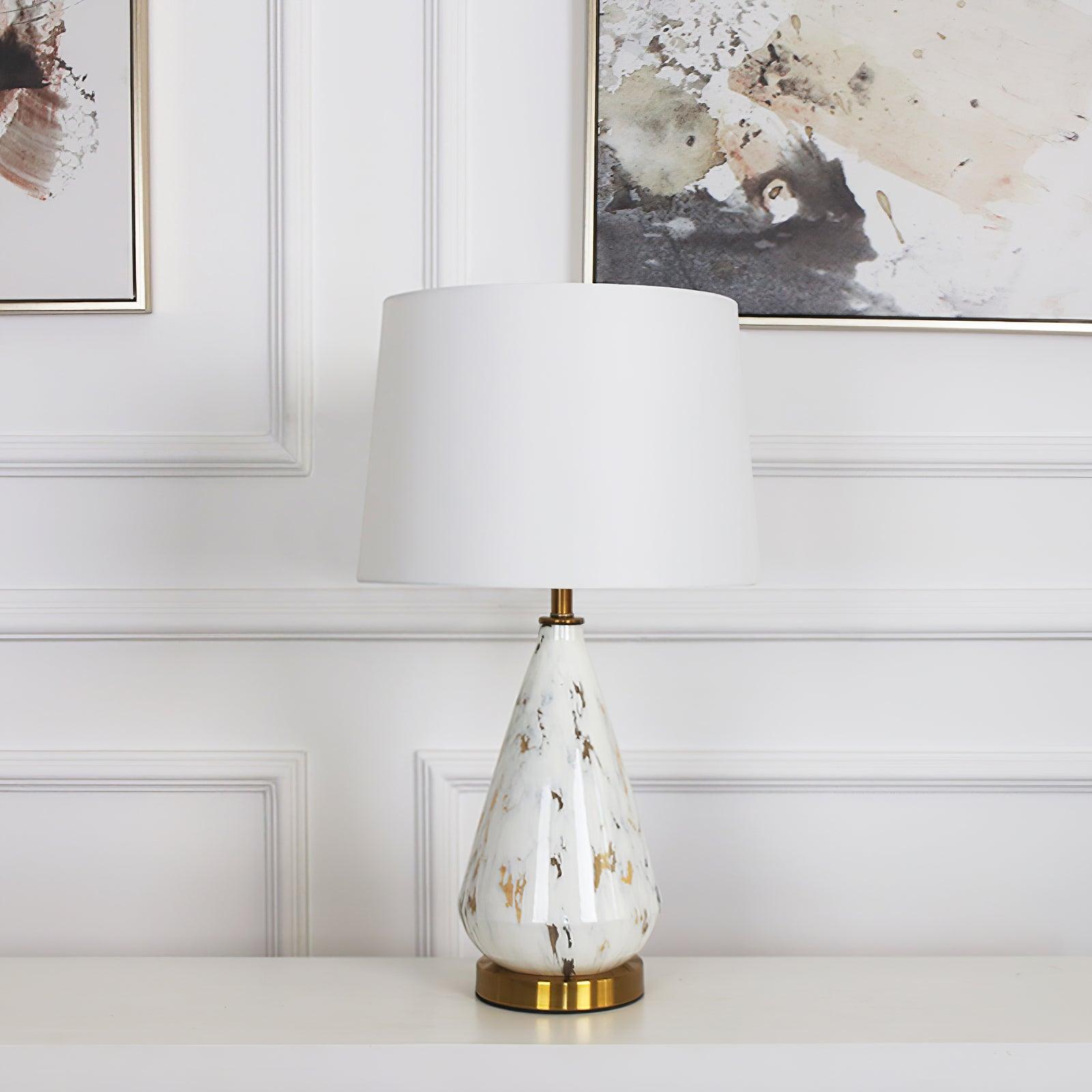 White Marble Geometric Diamond Table Lamp with White Fabric Shade and Copper Accents