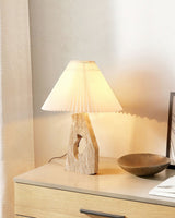 Natural Yellow Travertine Pillar Table Lamp with White Fabric Shade for Modern Interior Decor