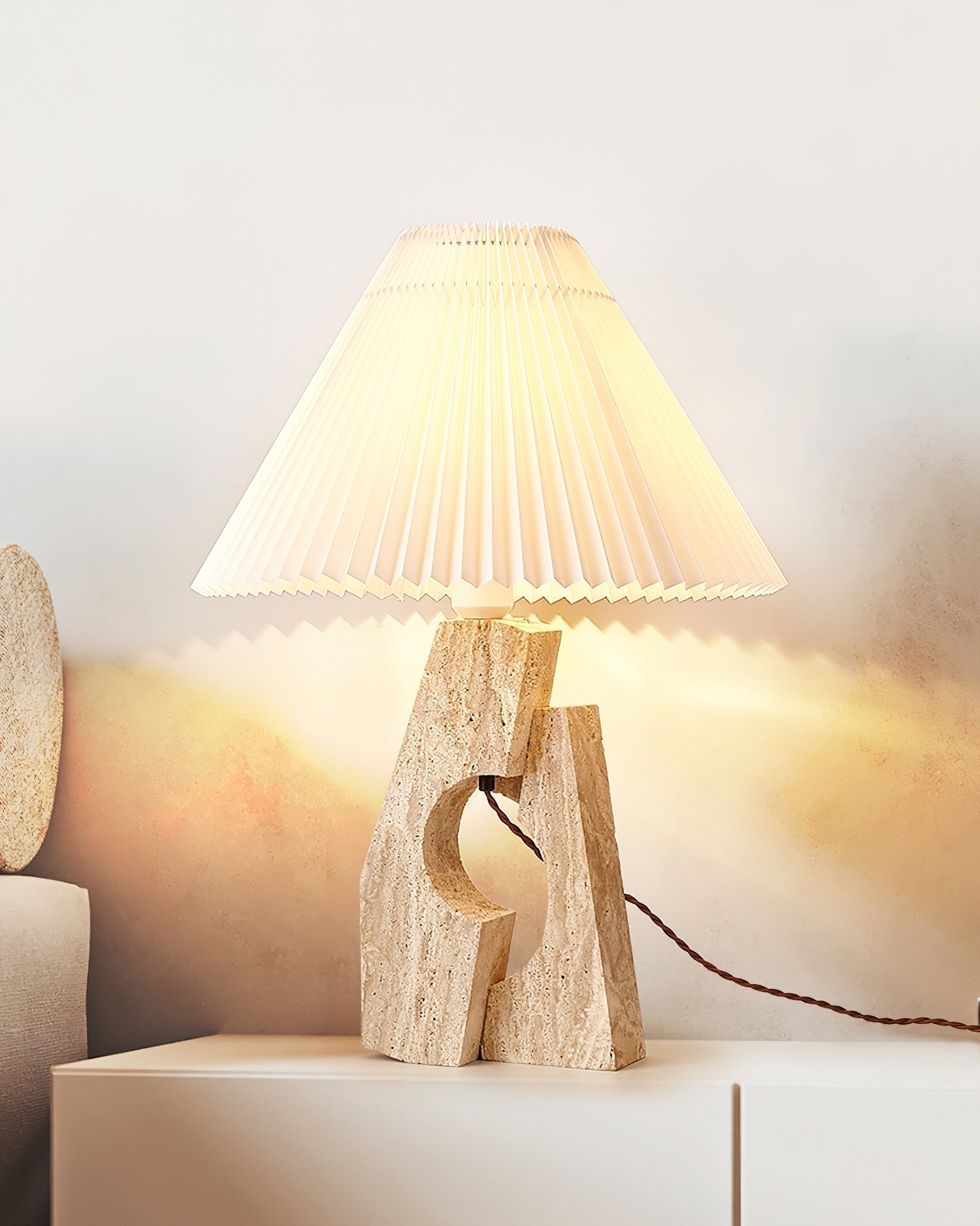 Natural Yellow Travertine Pillar Table Lamp with White Fabric Shade for Modern Interior Decor