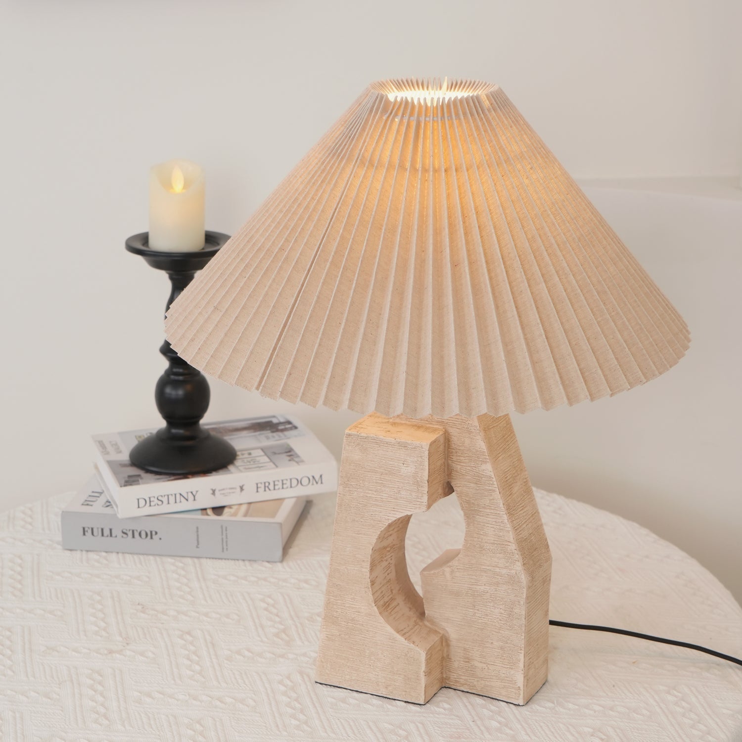 Natural Yellow Travertine Pillar Table Lamp with White Fabric Shade for Modern Interior Decor