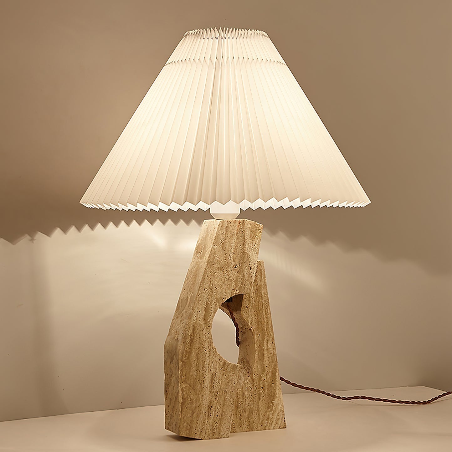 Natural Yellow Travertine Pillar Table Lamp with White Fabric Shade for Modern Interior Decor
