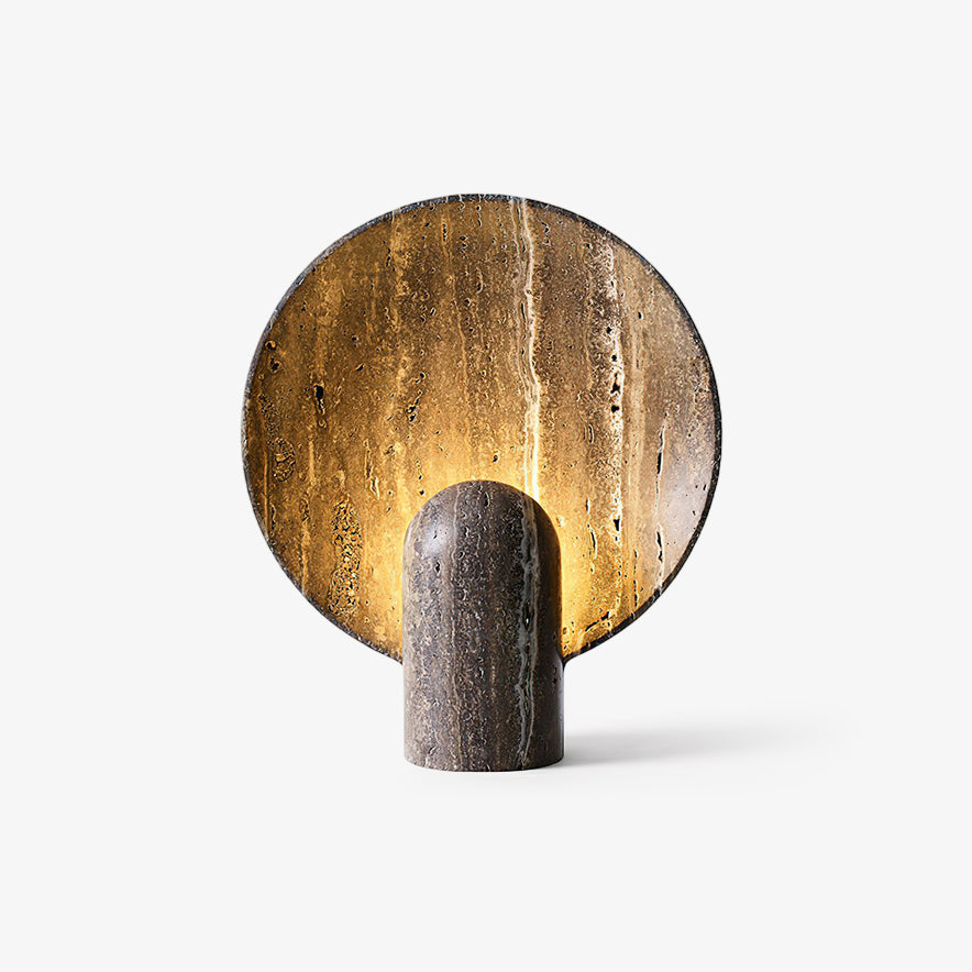Modern Travertine Stone Eclipse Table Lamp Minimalist Circular Nightstand Lighting