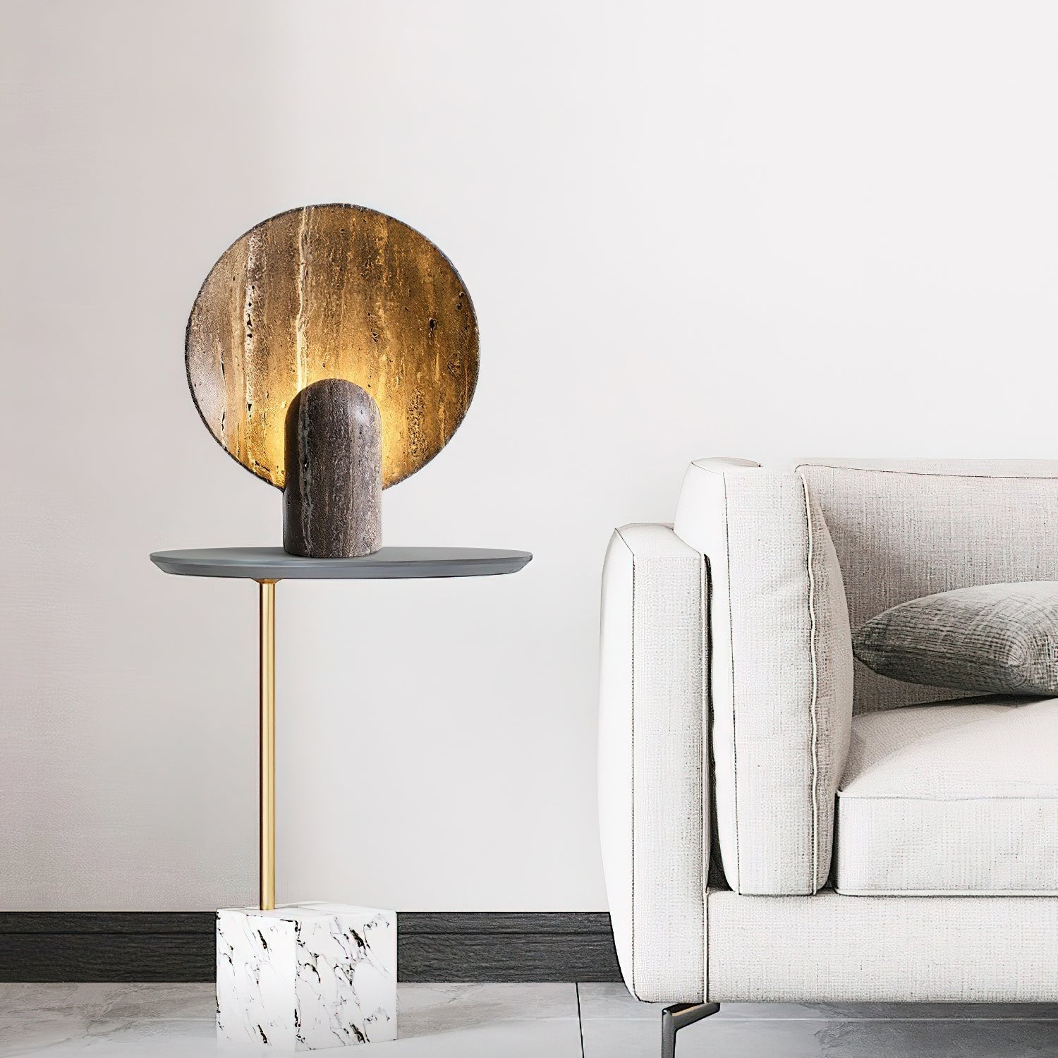 Modern Travertine Stone Eclipse Table Lamp Minimalist Circular Nightstand Lighting