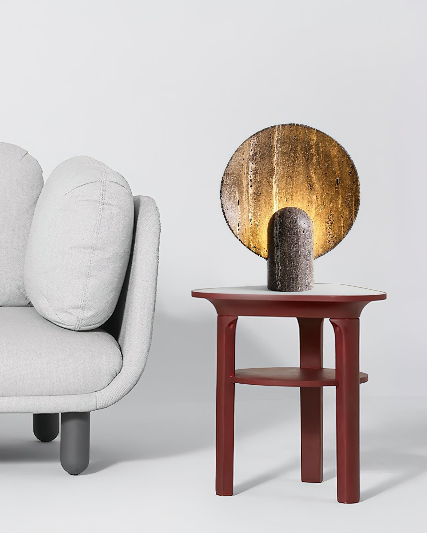Modern Travertine Stone Eclipse Table Lamp Minimalist Circular Nightstand Lighting
