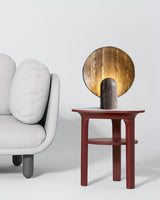 Modern Travertine Stone Eclipse Table Lamp Minimalist Circular Nightstand Lighting