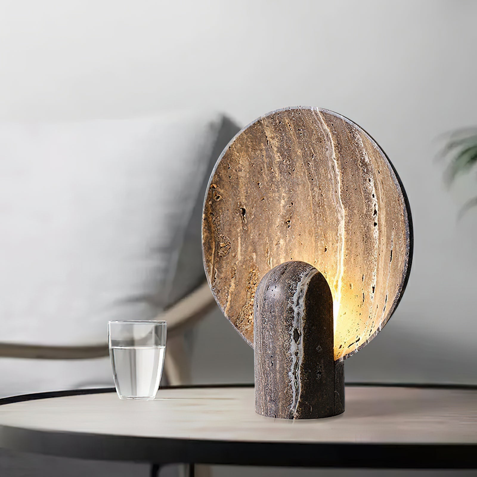 Modern Travertine Stone Eclipse Table Lamp Minimalist Circular Nightstand Lighting