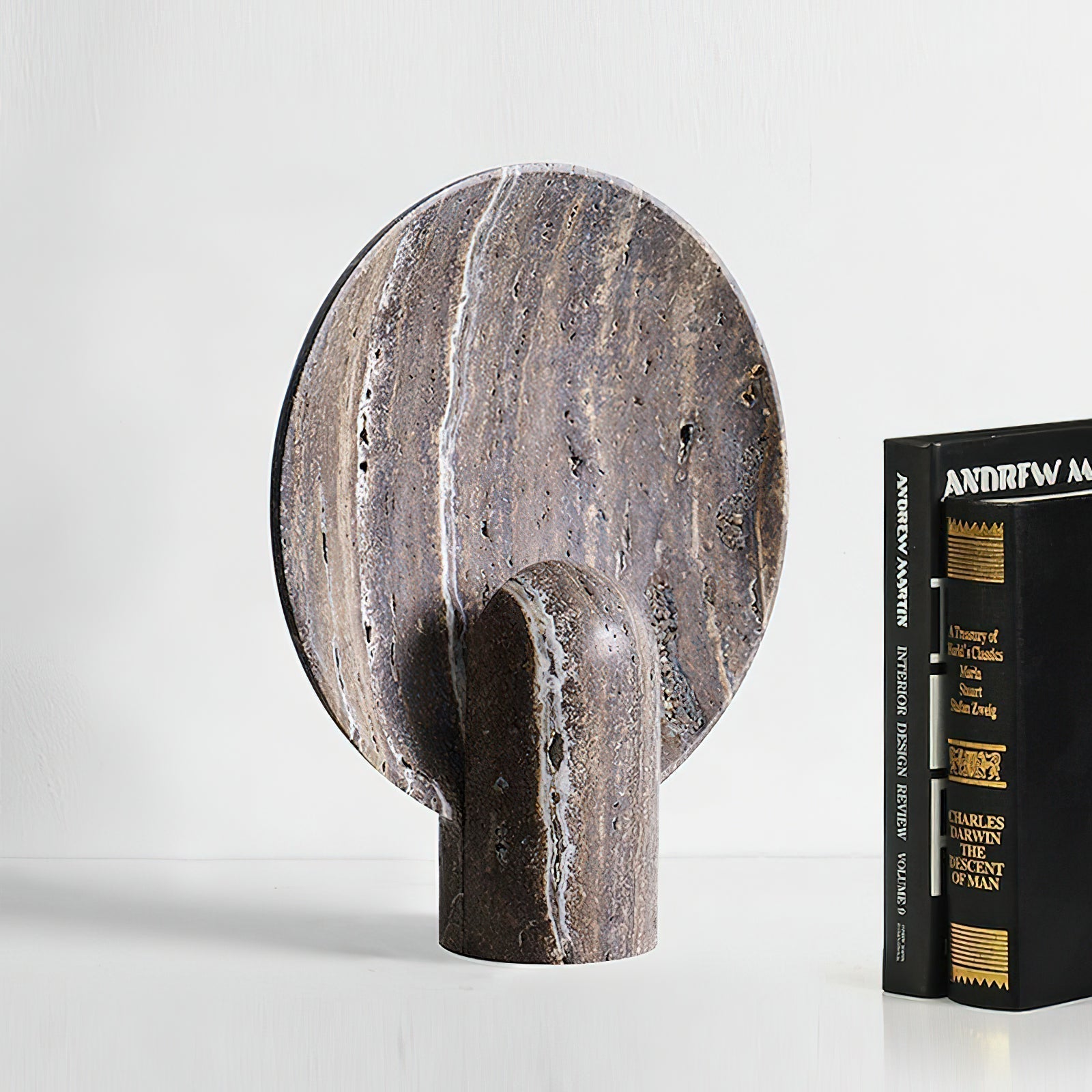 Modern Travertine Stone Eclipse Table Lamp Minimalist Circular Nightstand Lighting