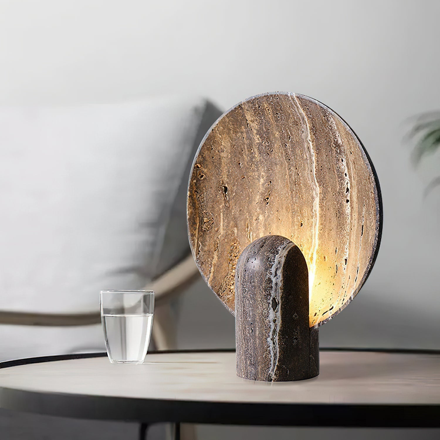 Modern Travertine Stone Eclipse Table Lamp Minimalist Circular Nightstand Lighting