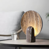 Modern Travertine Stone Eclipse Table Lamp Minimalist Circular Nightstand Lighting