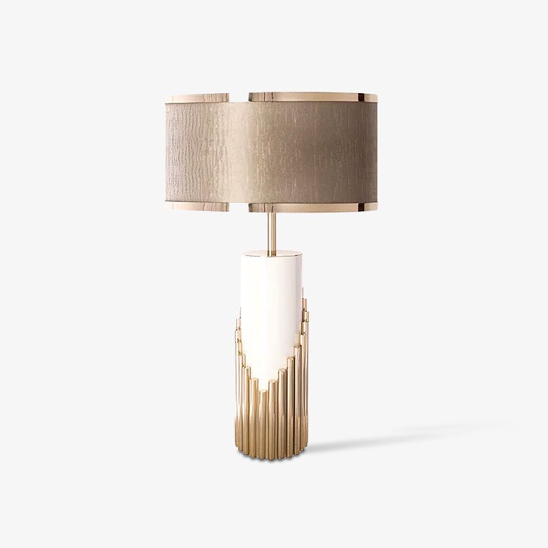 Streamline Modern Gold Marble Table Lamp with Champagne Fabric Shade and White Lacquered Base