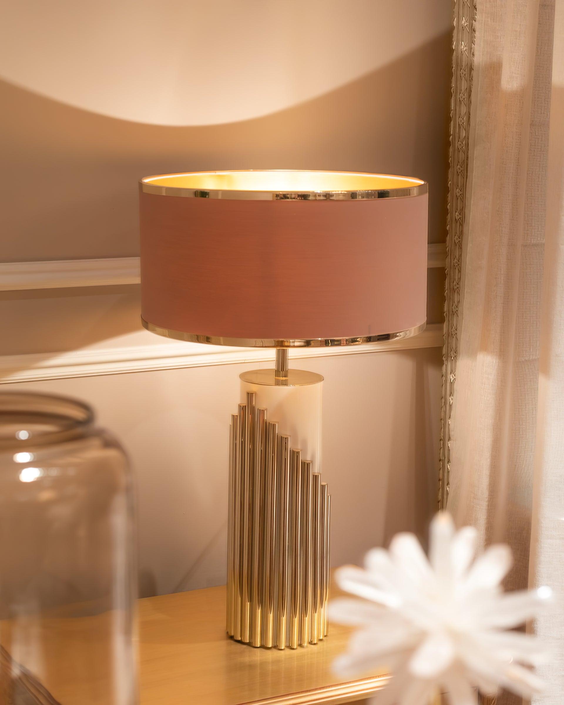 Streamline Modern Gold Marble Table Lamp with Champagne Fabric Shade and White Lacquered Base