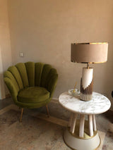 Streamline Modern Gold Marble Table Lamp with Champagne Fabric Shade and White Lacquered Base