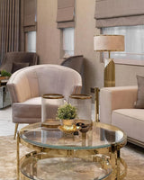Streamline Modern Gold Marble Table Lamp with Champagne Fabric Shade and White Lacquered Base