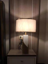 Streamline Modern Gold Marble Table Lamp with Champagne Fabric Shade and White Lacquered Base
