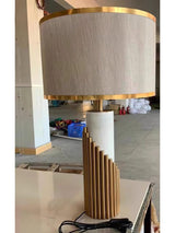 Streamline Modern Gold Marble Table Lamp with Champagne Fabric Shade and White Lacquered Base