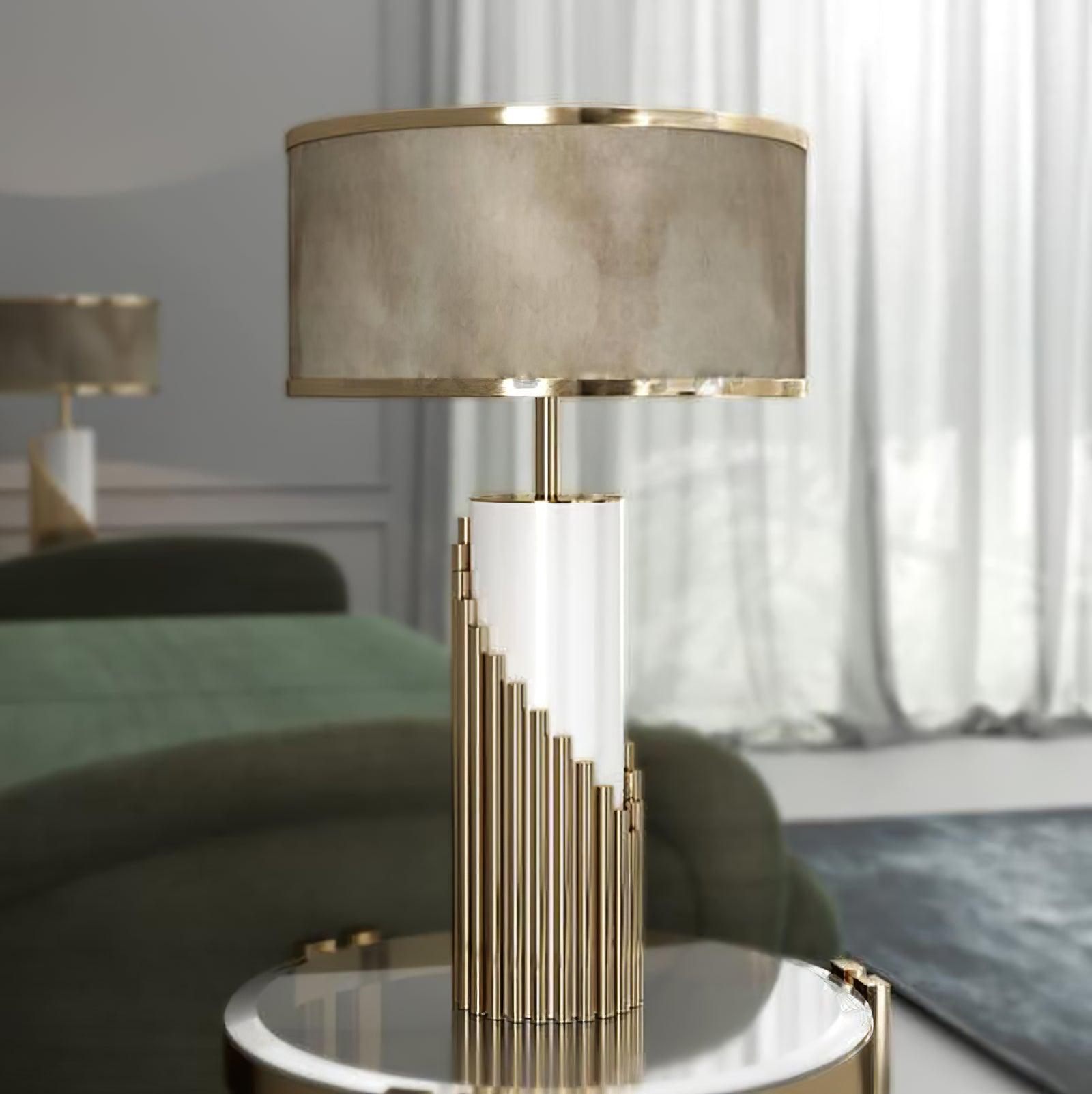 Streamline Modern Gold Marble Table Lamp with Champagne Fabric Shade and White Lacquered Base